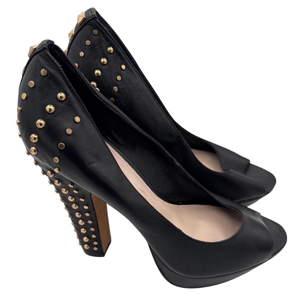 NWT Vince Camuto Black Leather Gold Studded Peep Toe Platform Pumps Heels 10